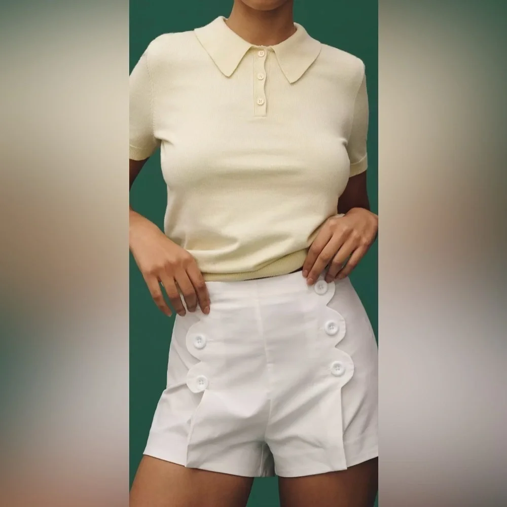 Anthropologie Maeve Scallop Button Shorts White Women's - Picture 5 of 8